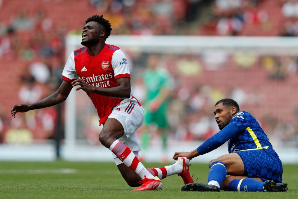 Thomas Partey went down under a challenge by Ruben Loftus-Cheek