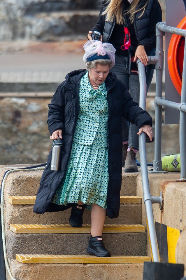 Imelda Staunton has been picture on the set of The Crown as the Queen for the first time