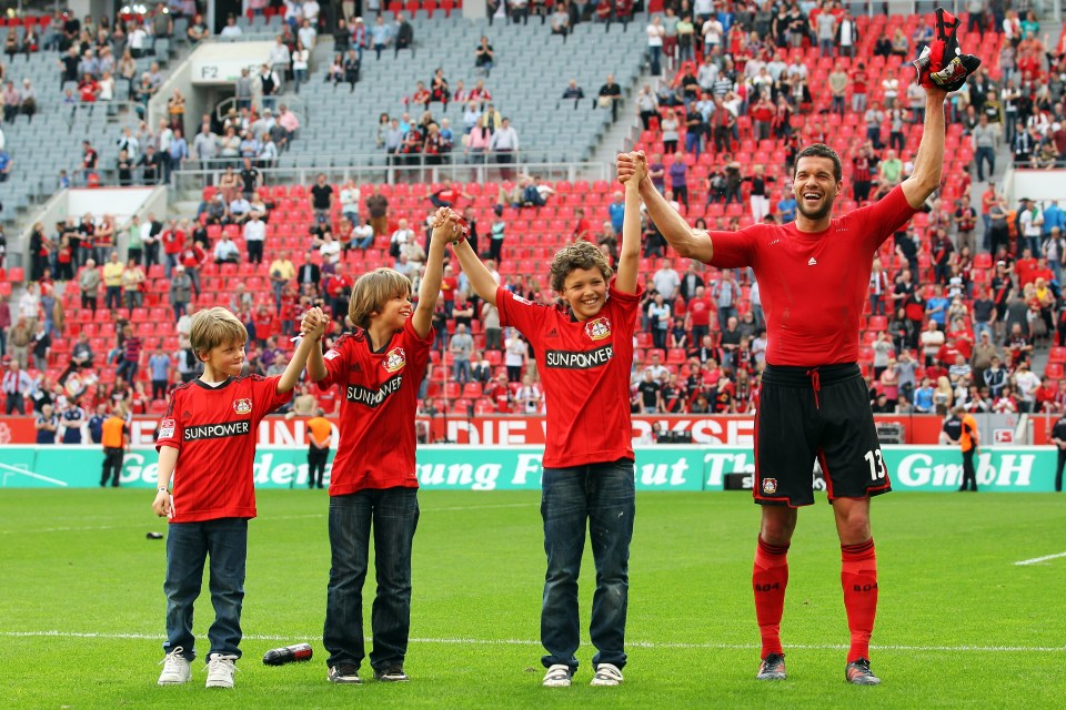 Emilio was one of three sons of Michael Ballack and Simone Lambe, the other boys named Louis and Jordi, pictured here on the pitch in 2012 at Leverkusen