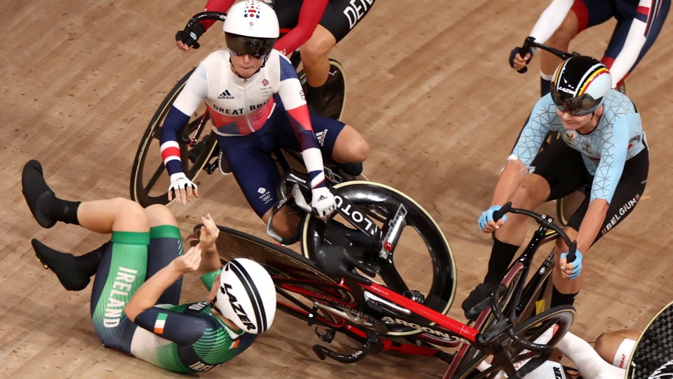 Laura Kenny was involved in a huge crash in the velodrome on Sunday