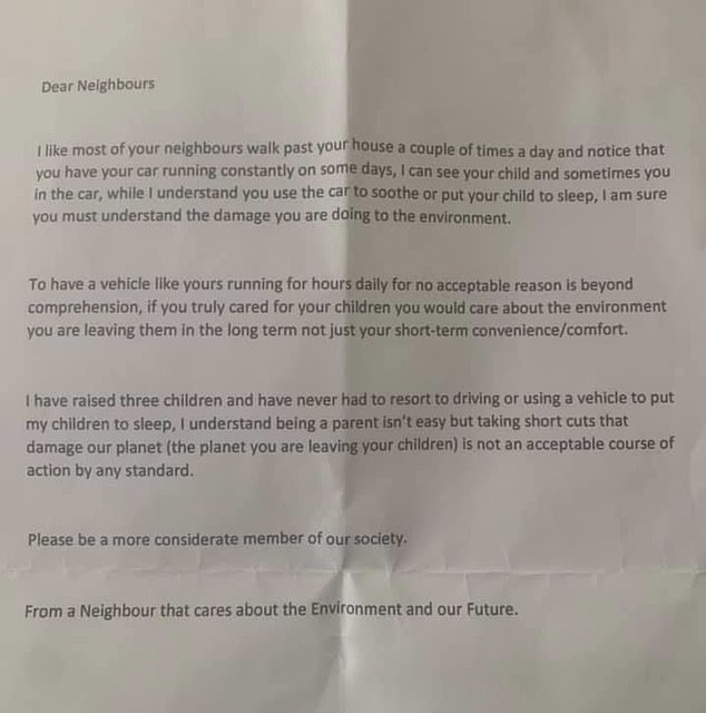 The neighbour posted the note through the mum's door