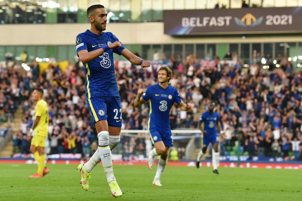 Hakim Ziyech celebrates hitting the Super Cup opener in Belfast