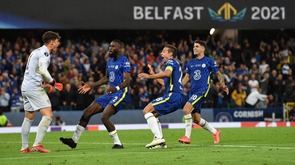 Kepa Arrizabalaga is mobbed by Chelsea team-mates after his two shootout saves secured Super Cup glory