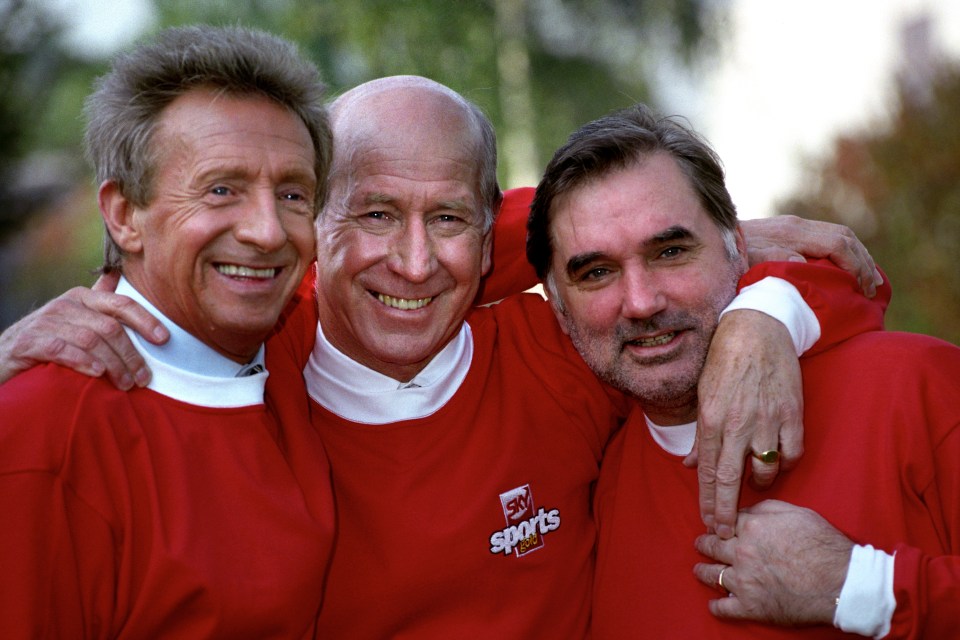 Denis Law poses alongside fellow United legends and former team-mates Bobby Charlton and the late George Best