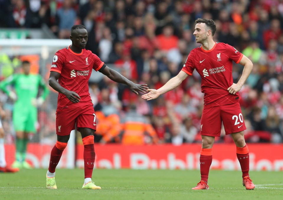 Goal scorers Sadio Mane and Diogo Jota celebrate