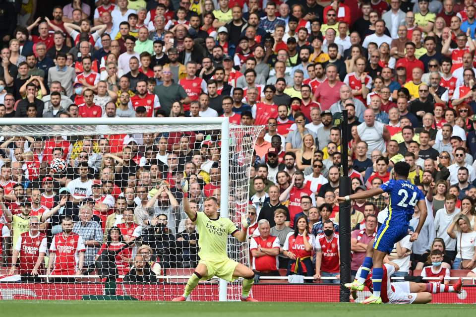 Reece James converts past Bernd Leno