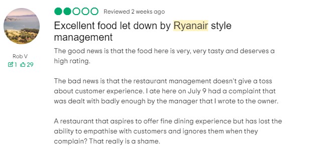 The two star review accused staff of offering a ‘Ryanair style service’