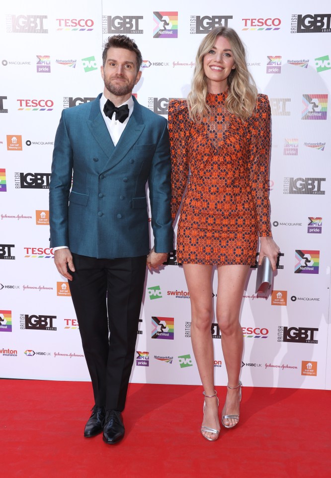 Host Joel Dommett wore a blue tuxedo jacket as he arrived with wife Hannah Cooper