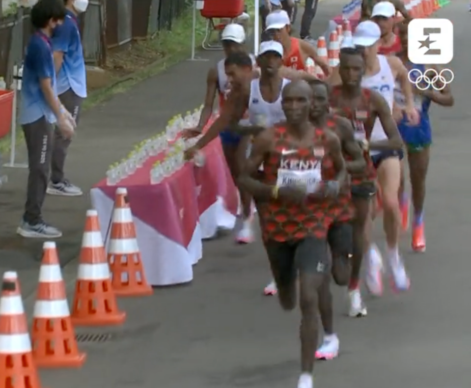 Morhad Amdouni knocked over a row of water bottles during the marathon at Tokyo 2020