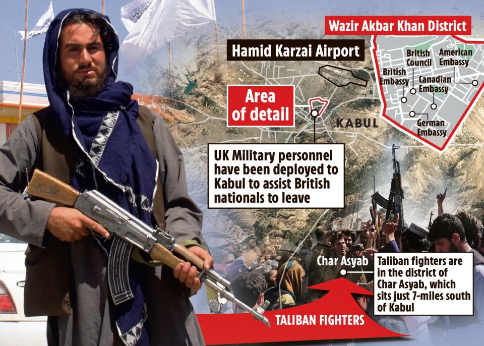 Over 4,000 UK nationals waited for a last-ditch airlift by UK troops as Taliban fighters moved to within seven miles of Afghan capital Kabul