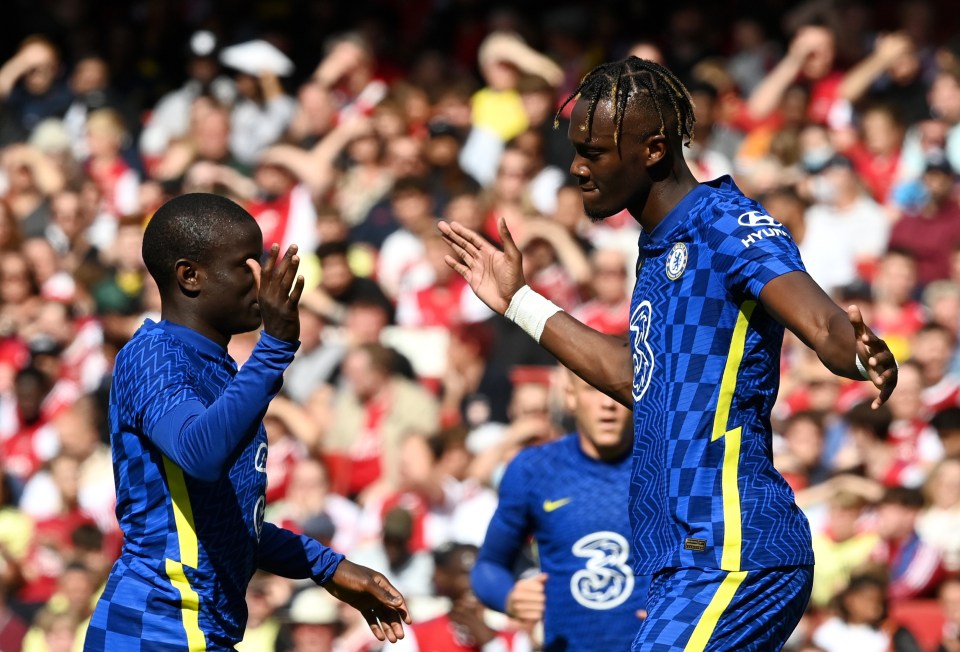 Tammy Abraham celebrates Chelsea's second with N'Golo Kante