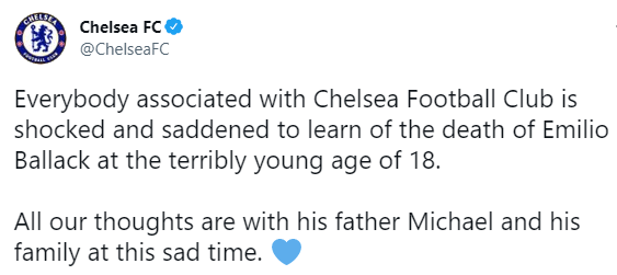 Chelsea have posted a tribute after the son of their former player Michael Ballack lost his life