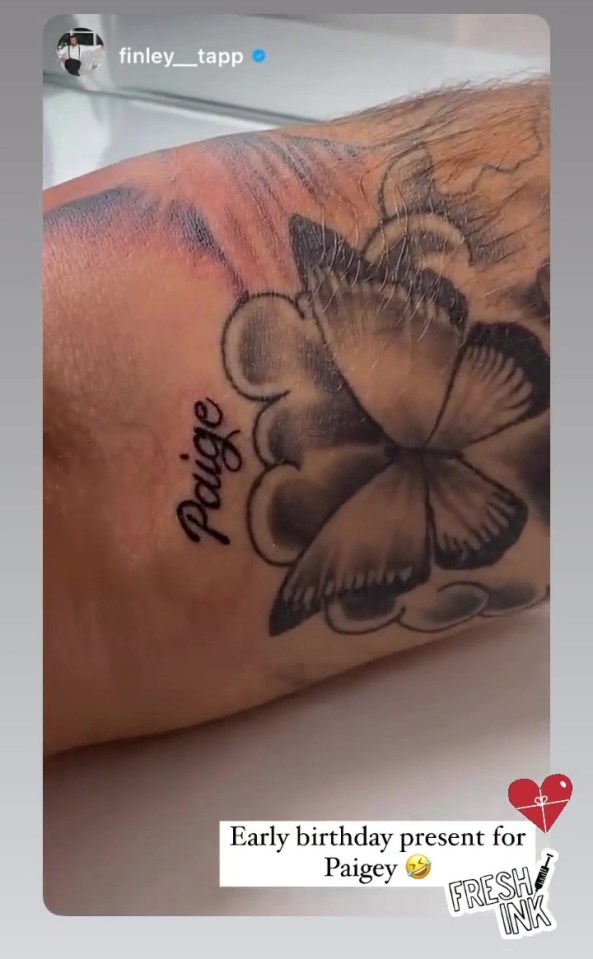 Finley Tapp has tattooed Paige's name on his arm