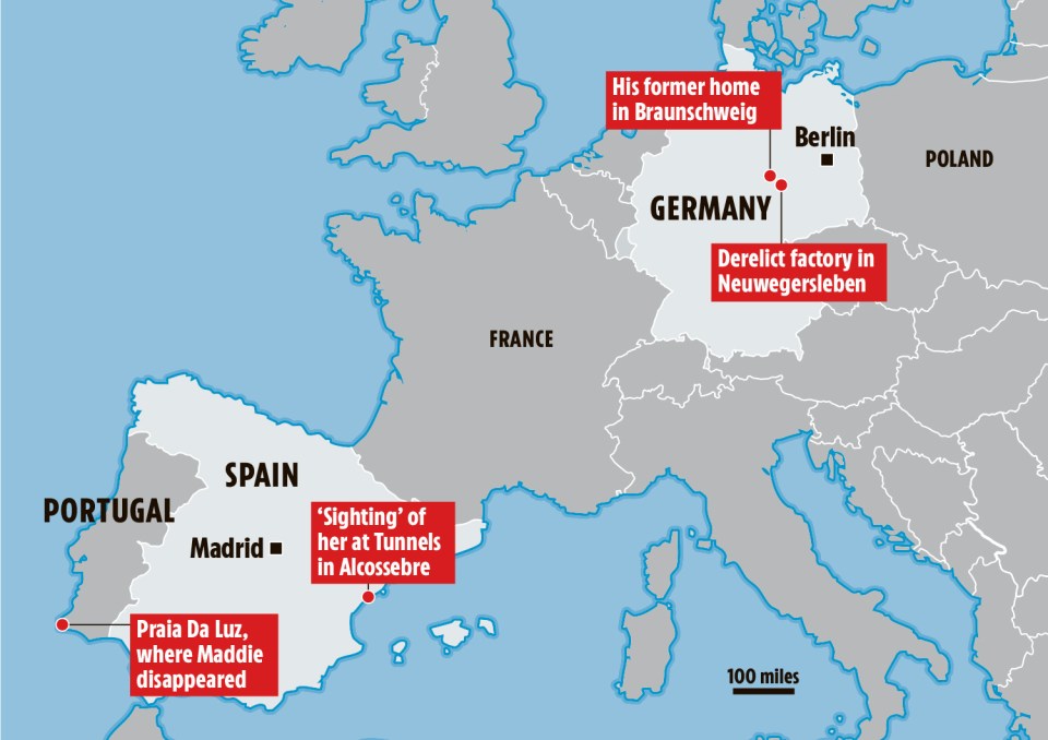 The location of Christian B’s ‘box factory’ and reported sightings of Madeleine across Europe