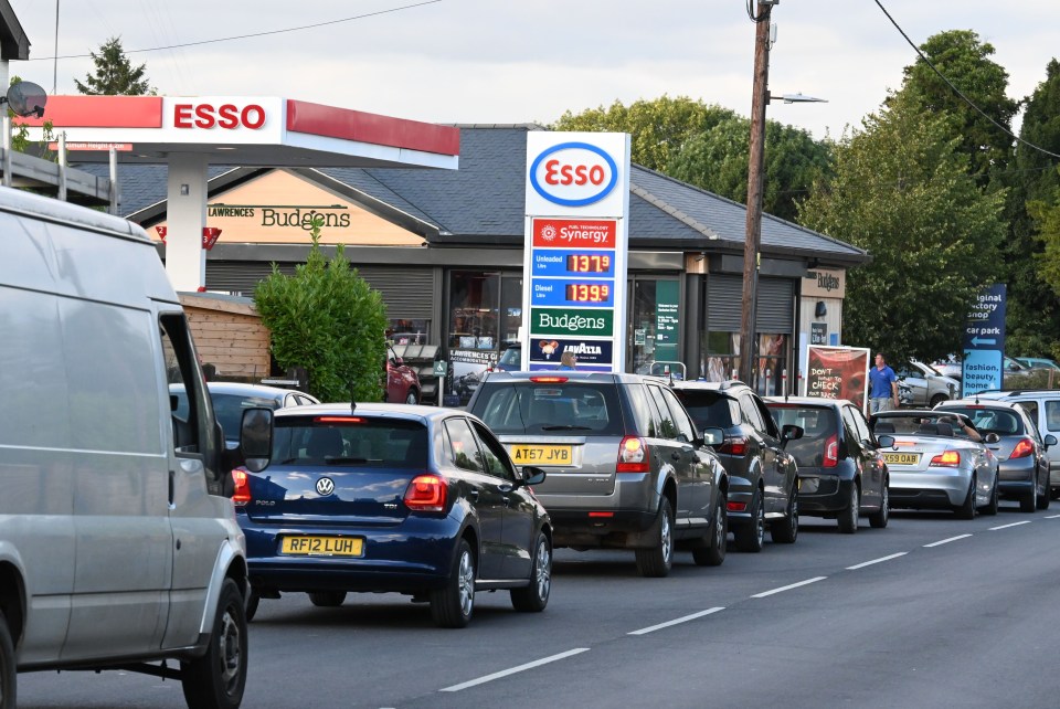 Traffic builds on the way into an Esso petrol station in Norfolk