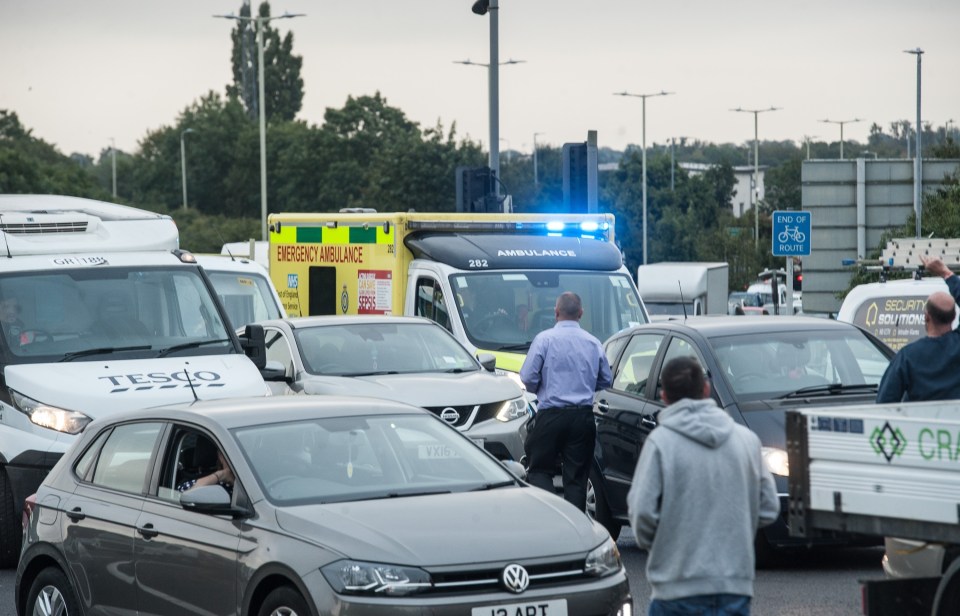 An ambulance is seen in stand-still traffic caused by the eco-group