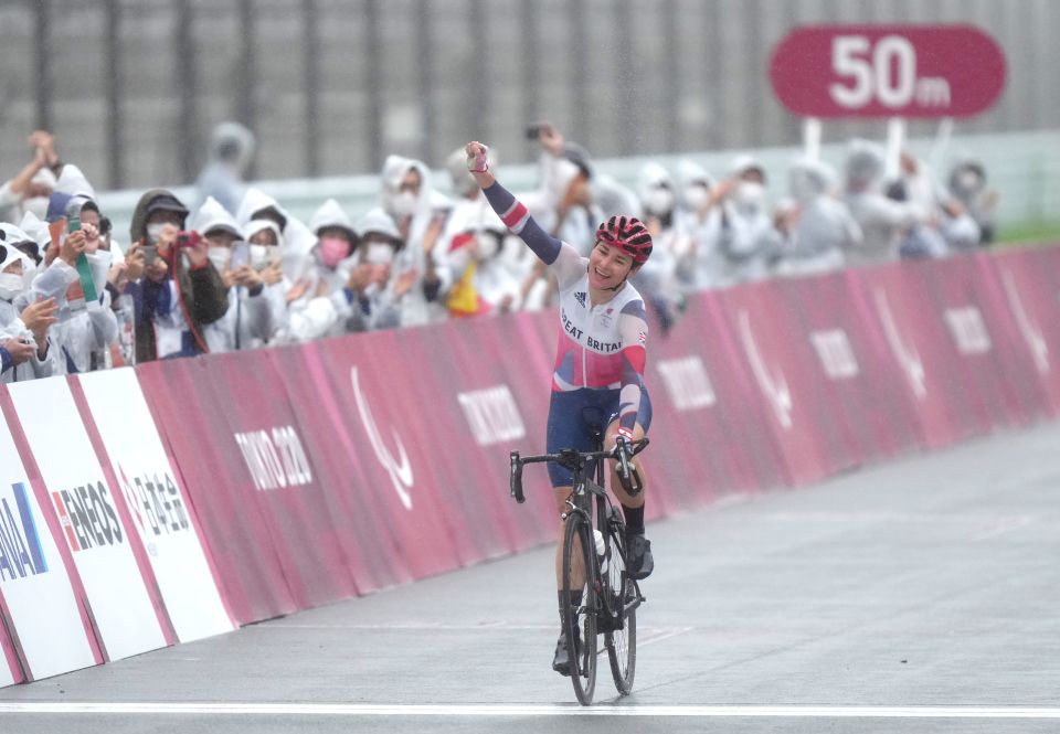 Storey punched the air as she took her 17th gold medal in the road race