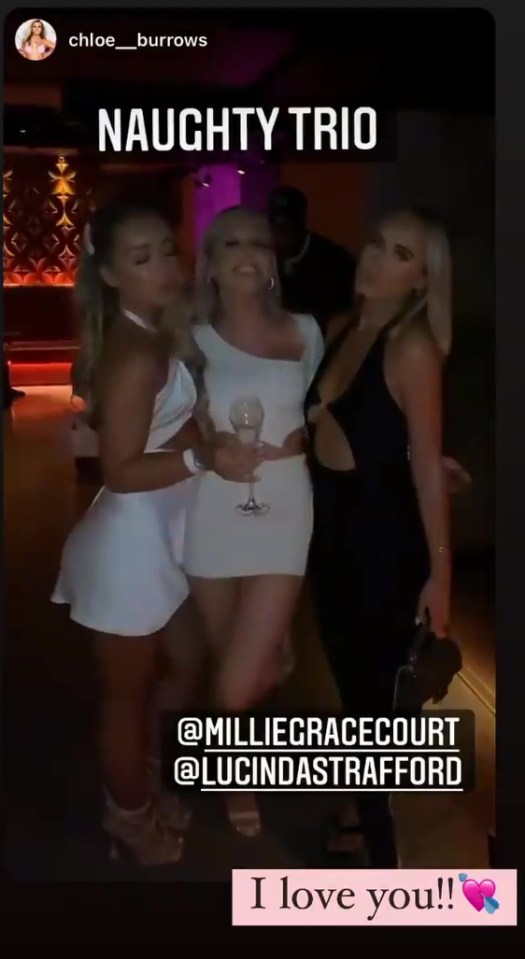 Love Island's 'naughty trio' Chloe, Lucinda and Millie enjoy a boozy night