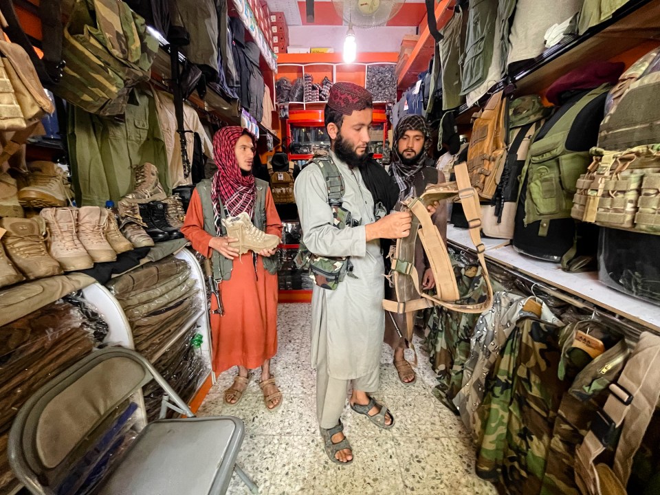 Market stalls are selling US military uniforms and equipment to local and Islamic fighters