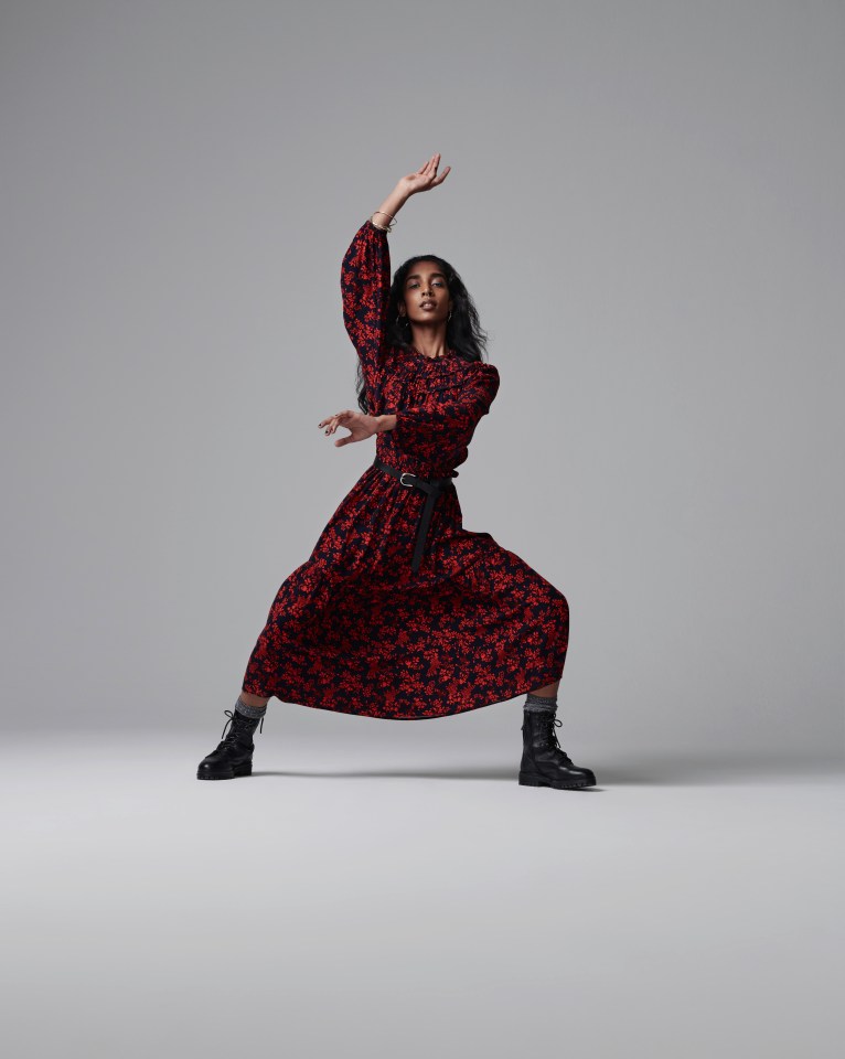 Red and black printed dress, £45, and boots, £69