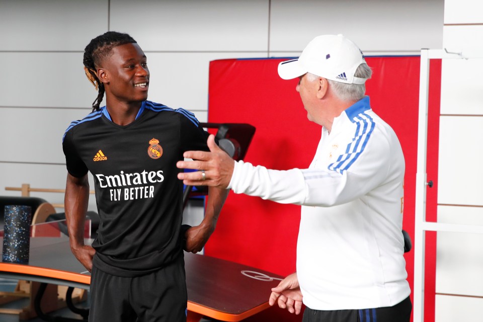 Real Madrid boss Carlo Ancelotti welcoming Camavinga