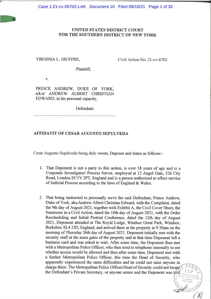 Court papers regarding Virginia Guiffre's lawsuit