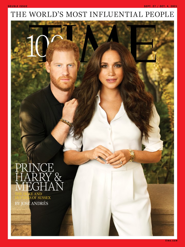 The Time magazine cover shot of Prince Harry standing behind wife Meghan has been likened to one of those cheesy promos for a hairdresser posing with his celebrity client