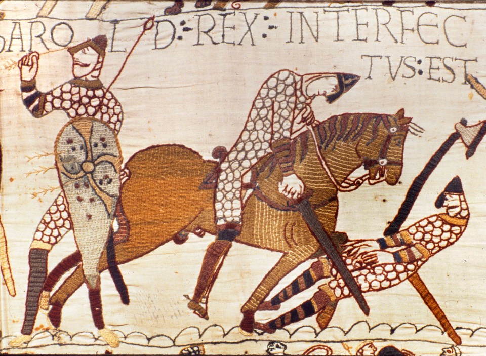 The Bayeux Tapestry, showing King Harold struck by an arrow to the eye at the Battle of Hastings