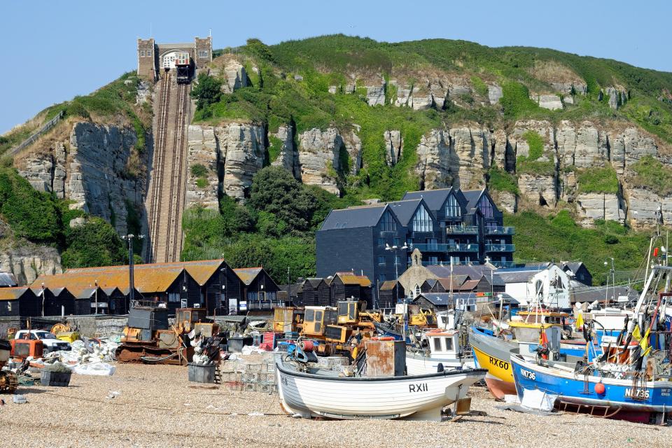 A fleet of fishing boats gathered at Hastings beach