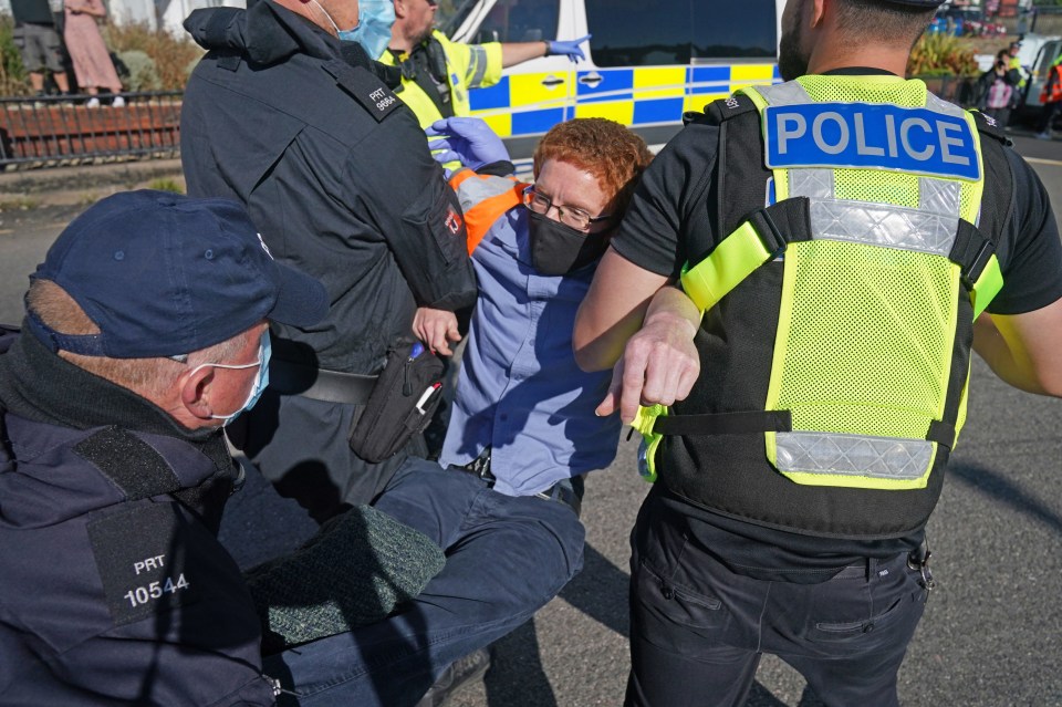 Police officers lead away a protester from Insulate Britain