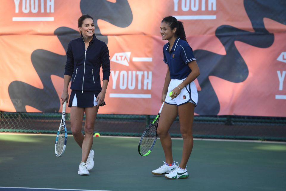 Emma Raducanu hit the courts with the Duchess of Cambridge, Kate Middleton, on Friday as part of a homecoming party at the National Tennis Centre in Roehampton