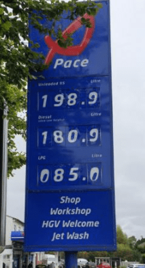 Pace Garage in Hereford put up a sign indicating unleaded was a staggering £1.98 a litre (up from £1.38)