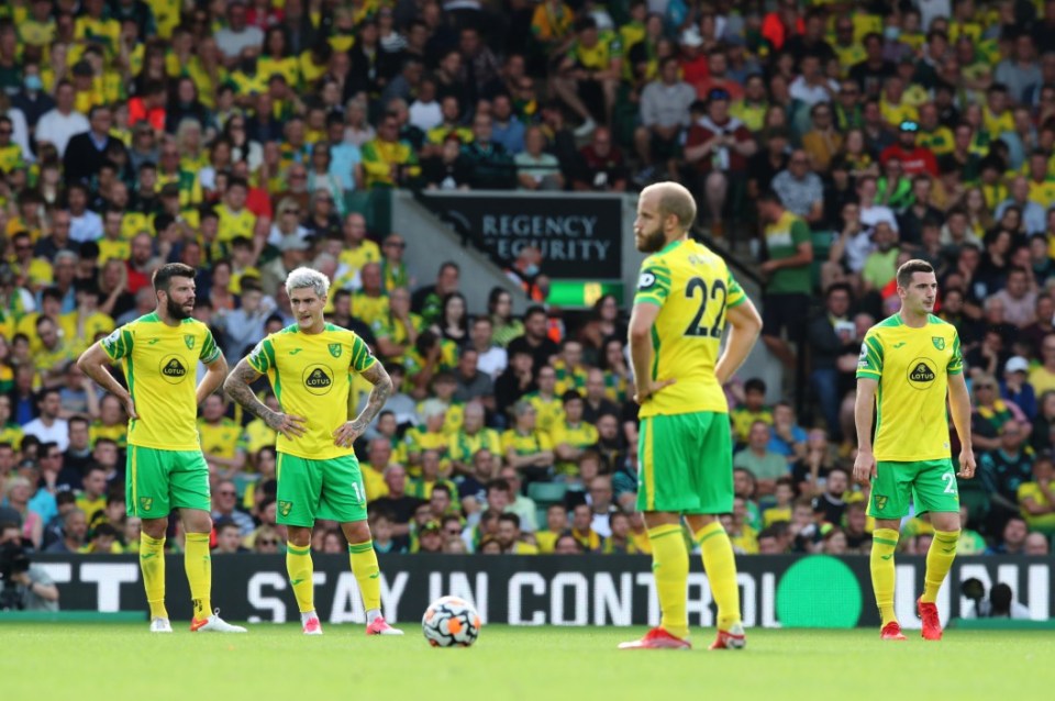 The Norwich players looked dejected after Watford inflicted a fifth straight league defeat