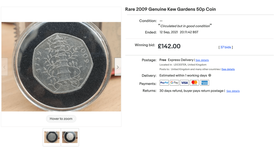 The listing ended on £142 after 37 bids