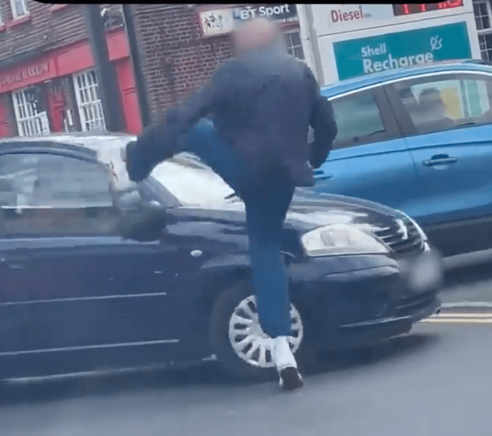 The man can be seen kicking the car after the ordeal