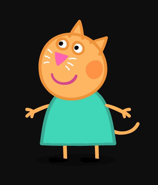 Candy Cat usually wears a turquoise dress with black shoes