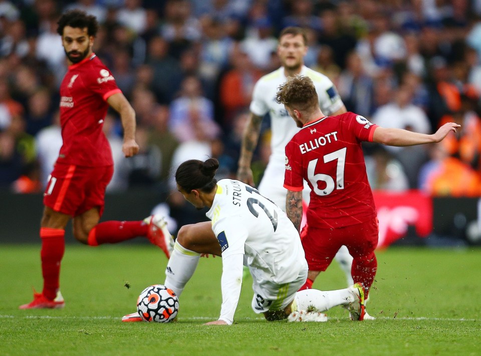 Pascal Struijk was sent off for this tackle on Elliott