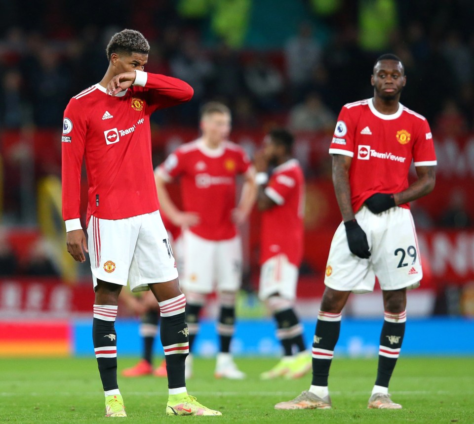 United striker Marcus Rashford (left) and team-mates looked shell-shocked by the unfolding score-line