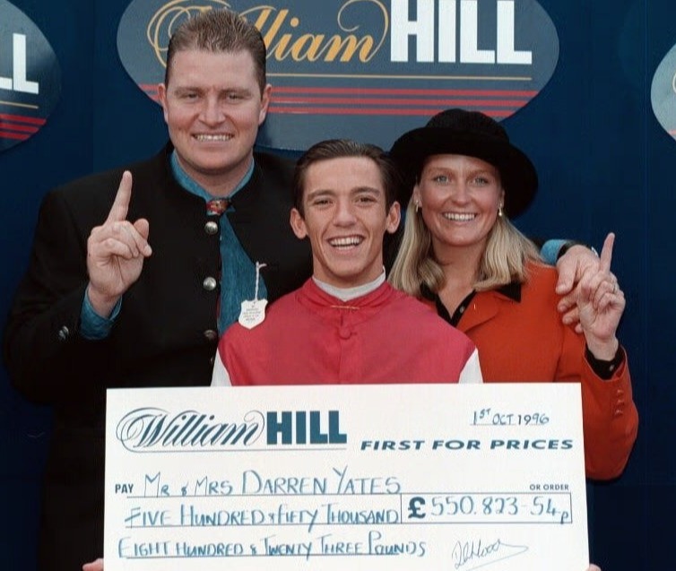 Darren and wife Annaley with Frankie Dettori after their 1996 triumph that saw them win more than £550,000