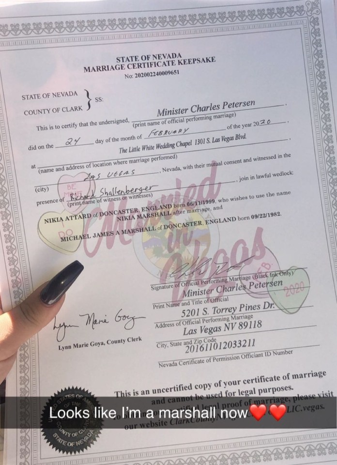 The couple's wedding certificate