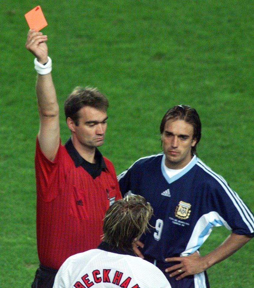 Beckham saw red as England were knocked out of the 1998 World Cup by Argentina