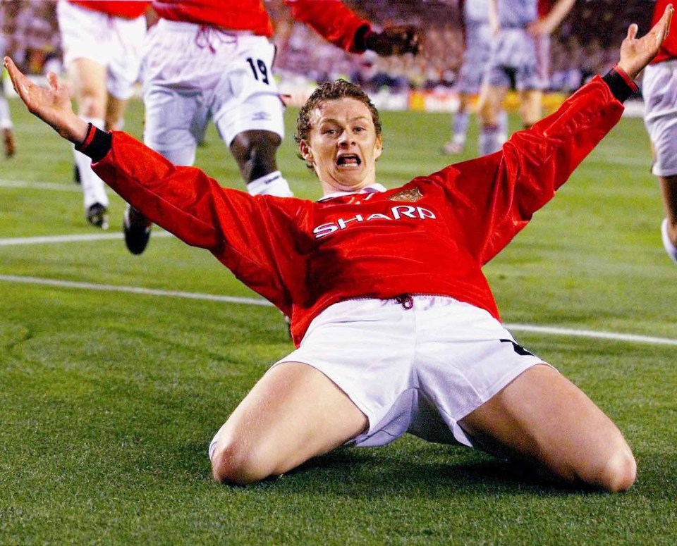 Ole Gunnar Solskjaer makes history as he celebrates scoring a 93rd minute goal to win Man Utd the Champions League and a treble in 1999