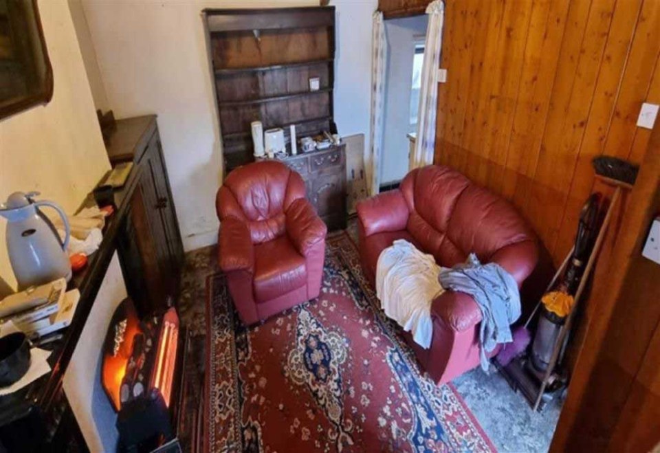 The living is maybe the most appealing room with a cute electric fire and a sofa and arm chair