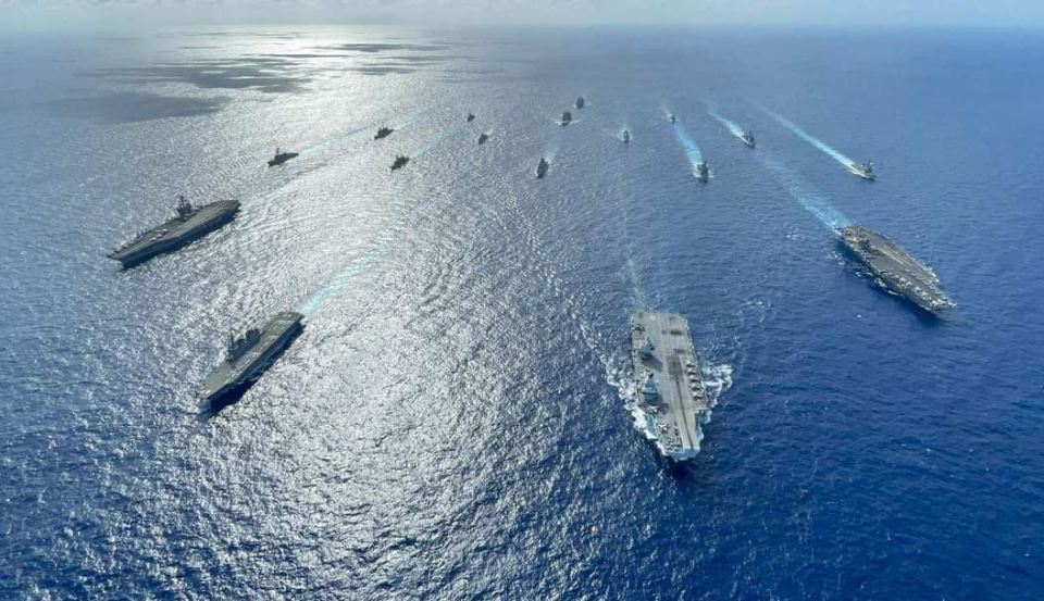 The USS Carl Vinson, Japanese ship the Ise, HMS Queen Elizabeth and the USS Ronald Reagan taking part in a joint exercise