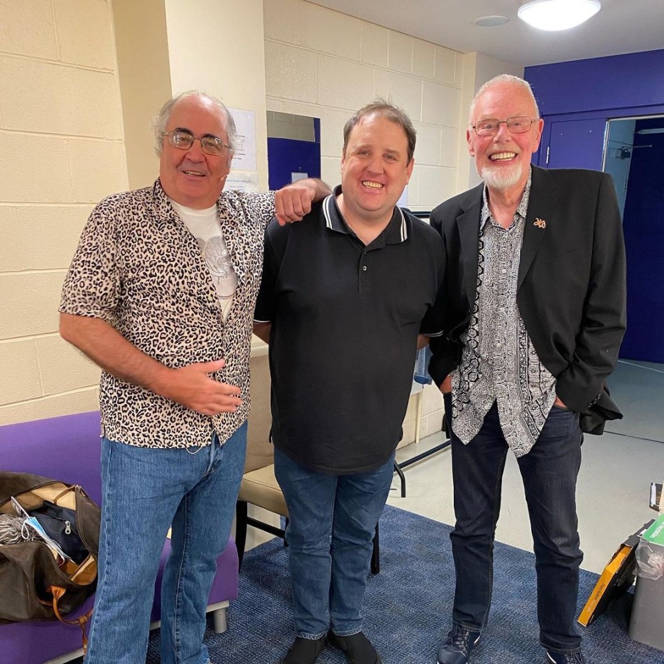 Comedian Peter Kay posed backstage with broadcaster Danny Baker (L) and Bob Harris in a rare photo