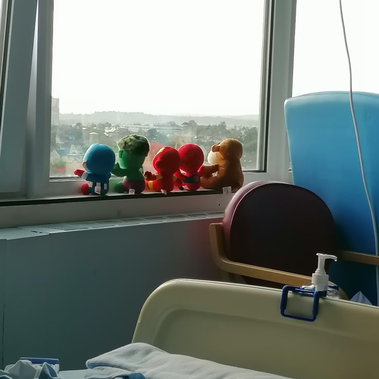 Boe lined up his superhero toys in hospital