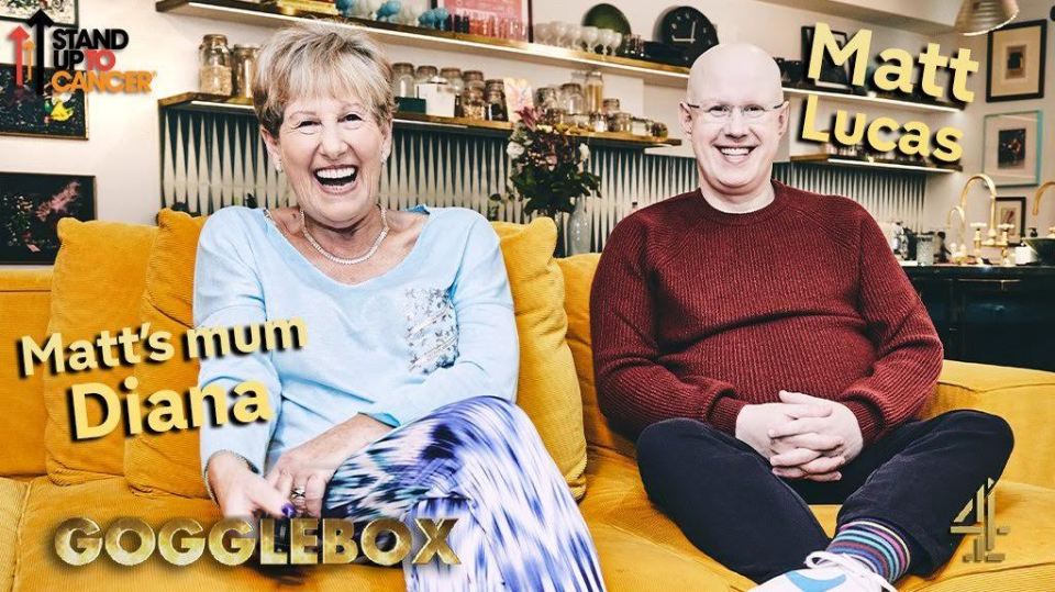 Matt Lucas and his mum Diana are on the sofa for Stand Up To Cancer's Celebrity Gogglebox