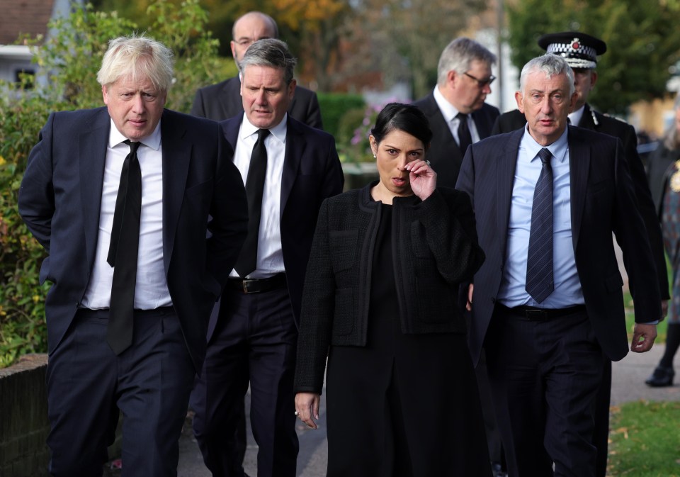 Boris Johnson, Sir Keir Starmer and Priti Patel pay their respects to Sir David Amess at Belfairs Methodist Church