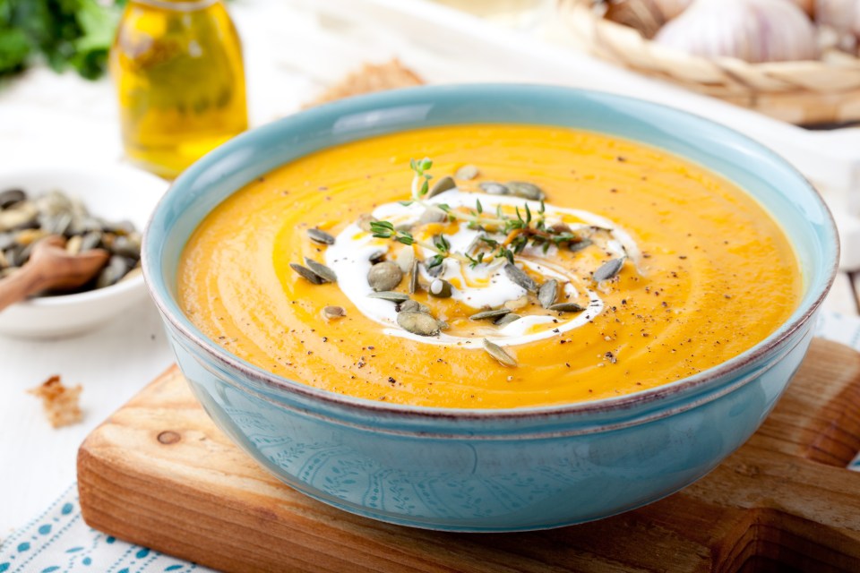 Pumpkin soup is great served with a splash of cream and some toasted pumpkin seeds or some pumpkin seed bread with butter