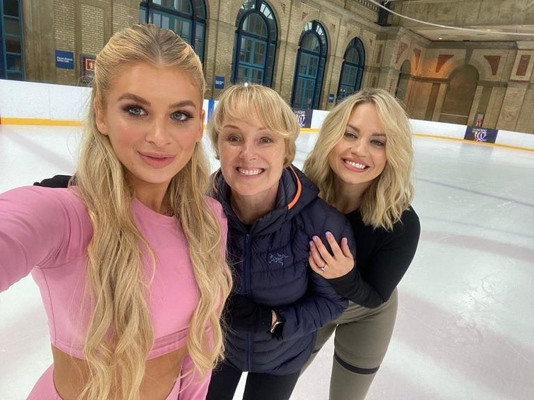 The star started her Dancing On Ice training last month. Pictured with co-stars Sally Dynevor (centre) and Kimberly Wyatt (R)